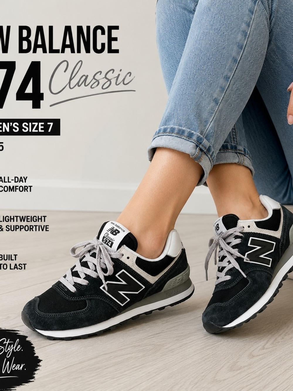 New Balance 574 Classic WL574EVB Black Sneakers Women's Size 7.